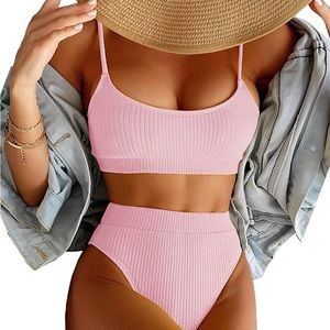 High Waisted Tummy Control Ribbed Bikini Crop Top Brazilian Swimsuit Small Pink